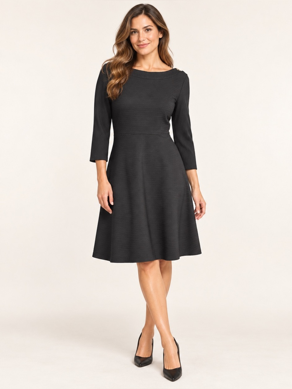Tommy Hilfiger Black Textured Fit & Flare 3/4 Sleeve Dress Size 12 Classic